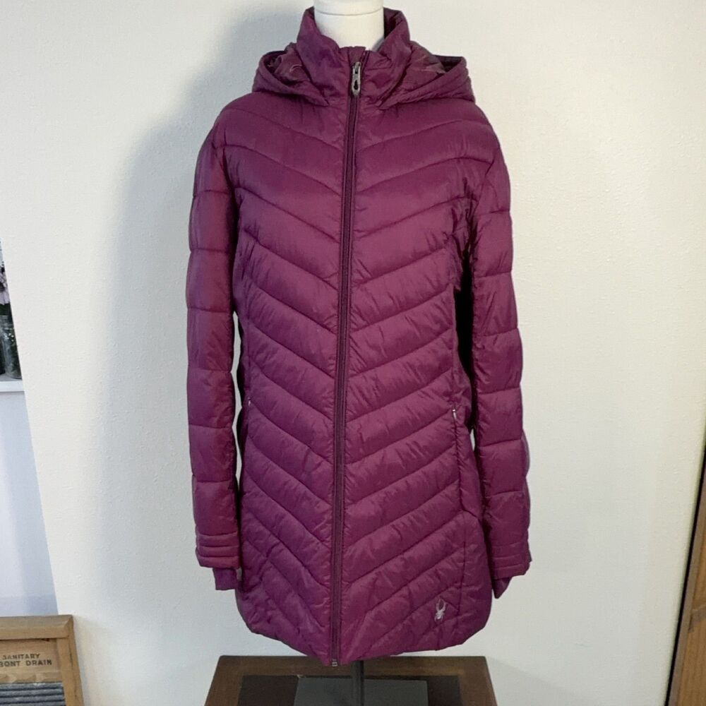 Spyder Puffer Coat Womens L Magenta Long Hooded Quilted Insulated Winter